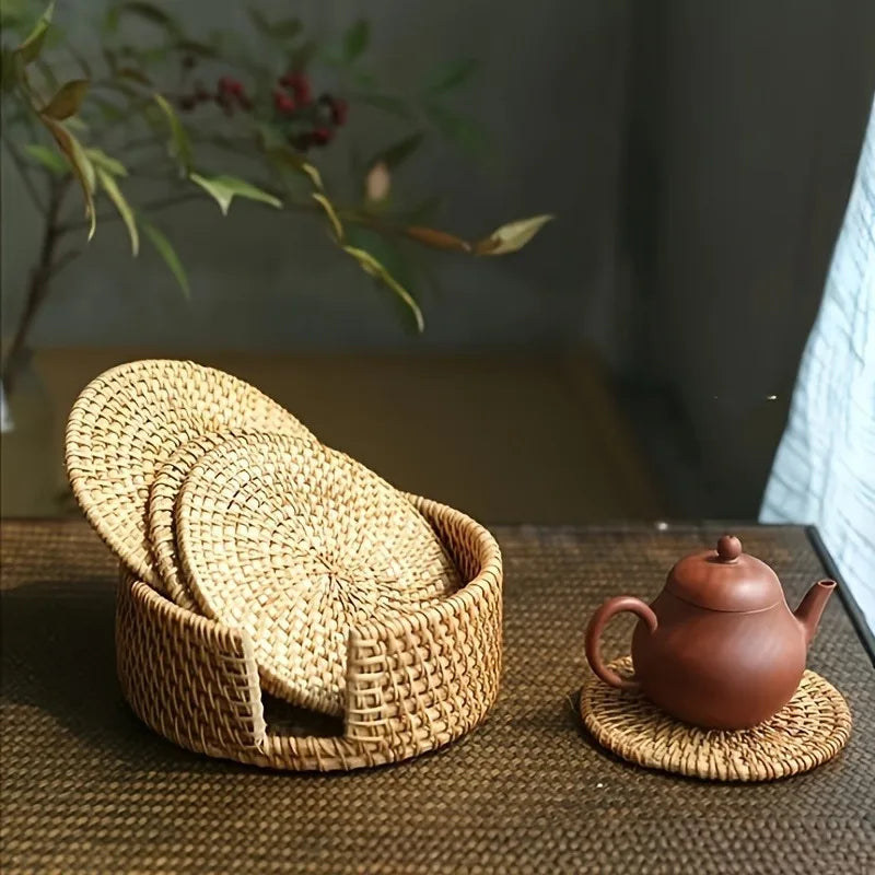 Handcrafted Rattan Coaster – Heat-Resistant Bamboo Pot Mat Rattan Coaster Set Zpaxo