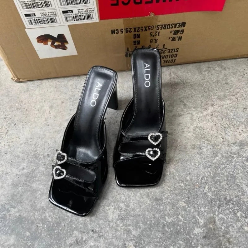 Women's Slippers 2024 New Summer Square Toe Rhinestone Buckle High Heels Casual Sexy Slim Heels Women's Cool Slippers Women's Zpaxo