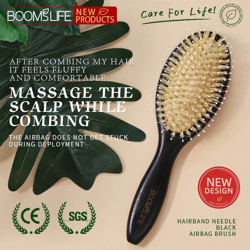 Custom Black Color Boar Bristles Hair Brush Mix Nylon USA Oak Wood Handle Massage HairBrush Women Hair Comb Long Short Hair Care Zpaxo