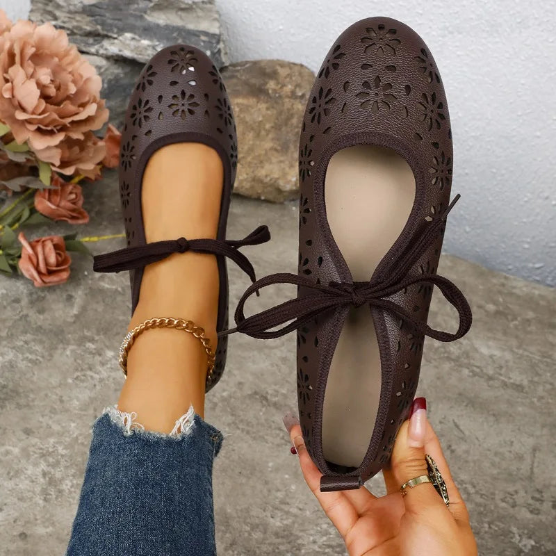 2026 Women's Flats Lace Up Single Shoes Ladies Spring Hollow Zpaxo
