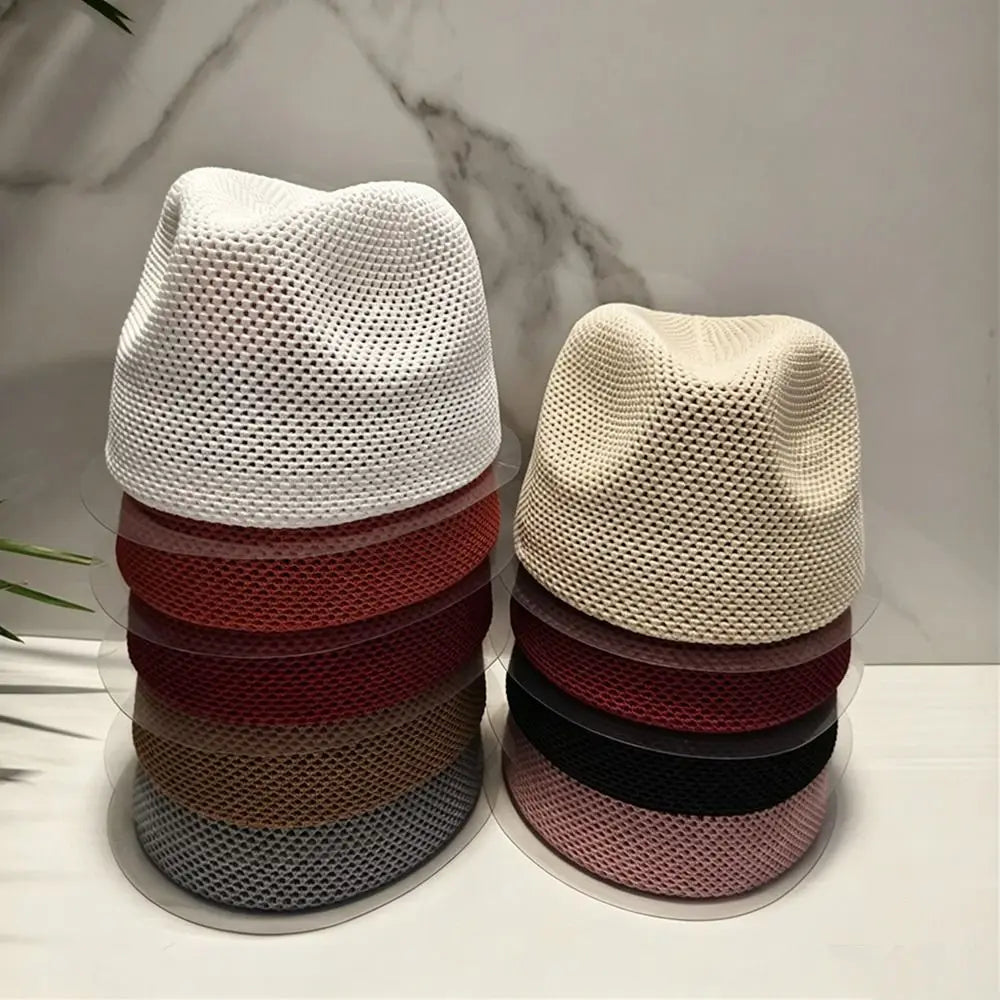 Breathable Mesh Knitted Pillbox Hat Lightweight Knit No Brim Design Mesh Panama Hat Multiple Colors Women Bucket Cap Zpaxo