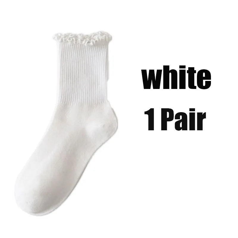 1 3pairs Ruffle Socks Women Mid Crew Middles Tube Ankle Breathable Zpaxo white-1pair