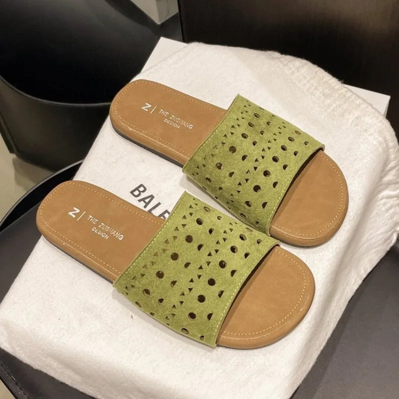 Hollow Out Flat Slippers Pu Leather Summer Sandals 2024 Luxury Design