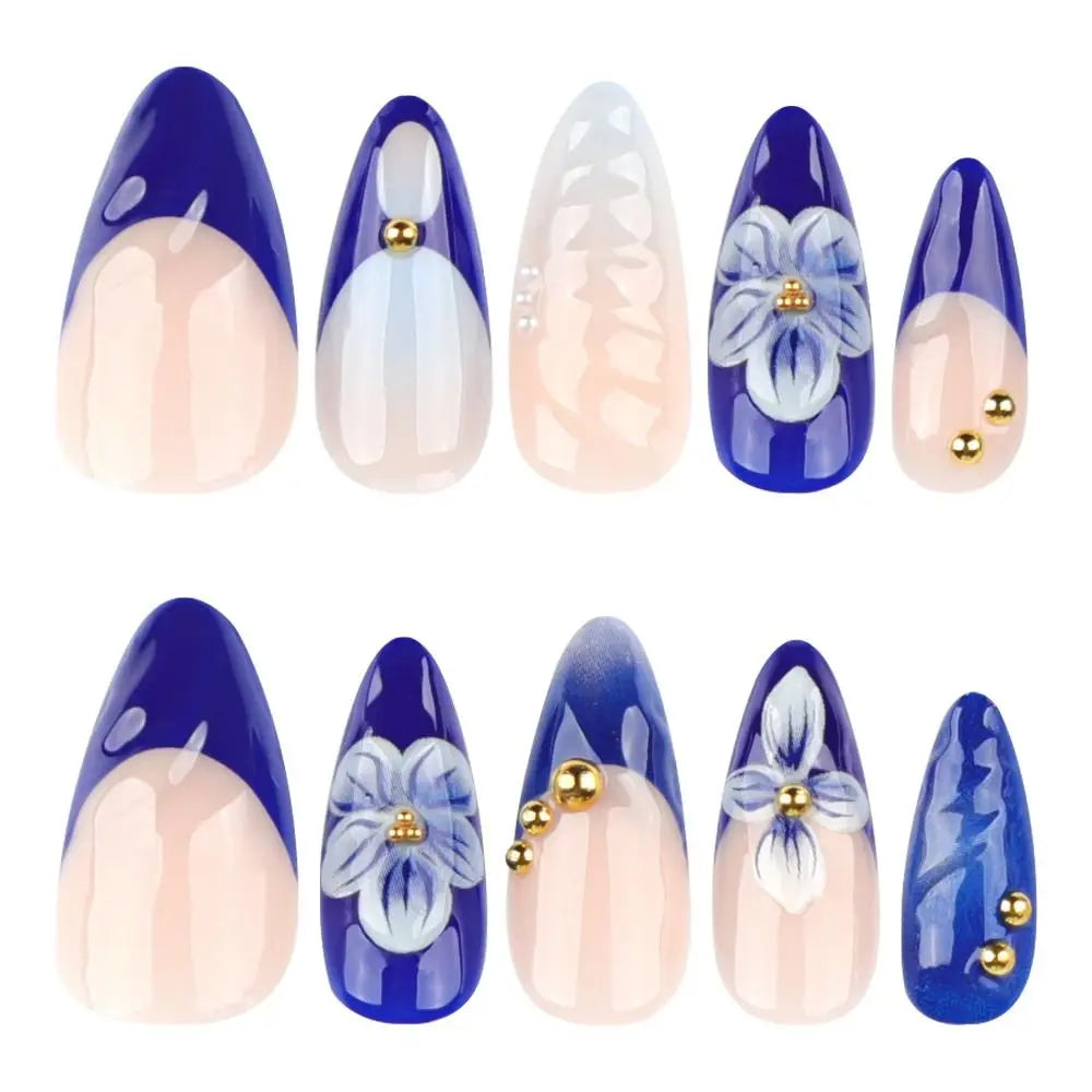 Manicure Long Almond False Nails French White Edge Fake Aurora Flower Zpaxo