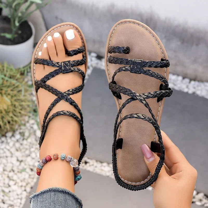 Open Toe Women's Sandals Beach Woven Hollow Women Casual Clip Flats Zpaxo