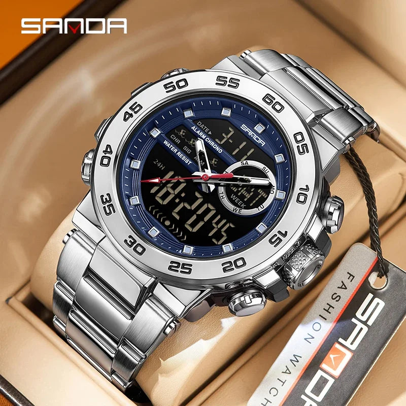SANDA Fashion Men's Electronic Watches Sports Multifunctional Waterproof Large Dial Three Pin Double Display Men's Wristwatches Zpaxo