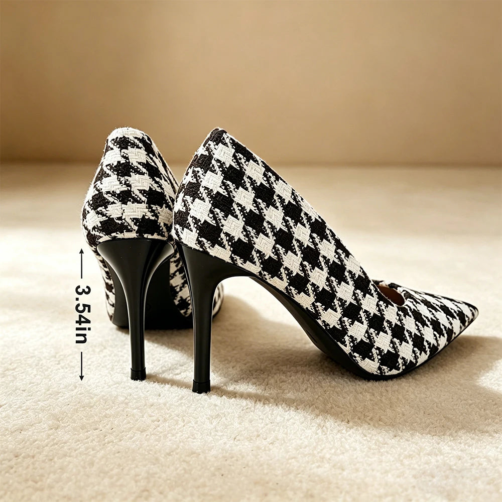 Women's Houndstooth 9cm High Heel Pumps – Vintage Plaid Office Shoes