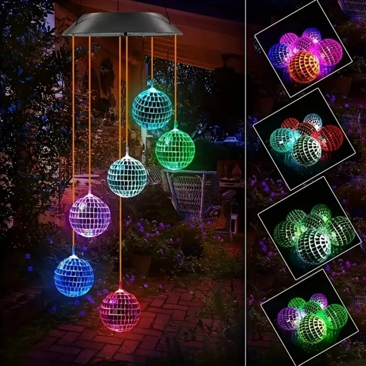 Solar Powered Wind Chime Mirror Ball Pendant Light LED Mobile Zpaxo