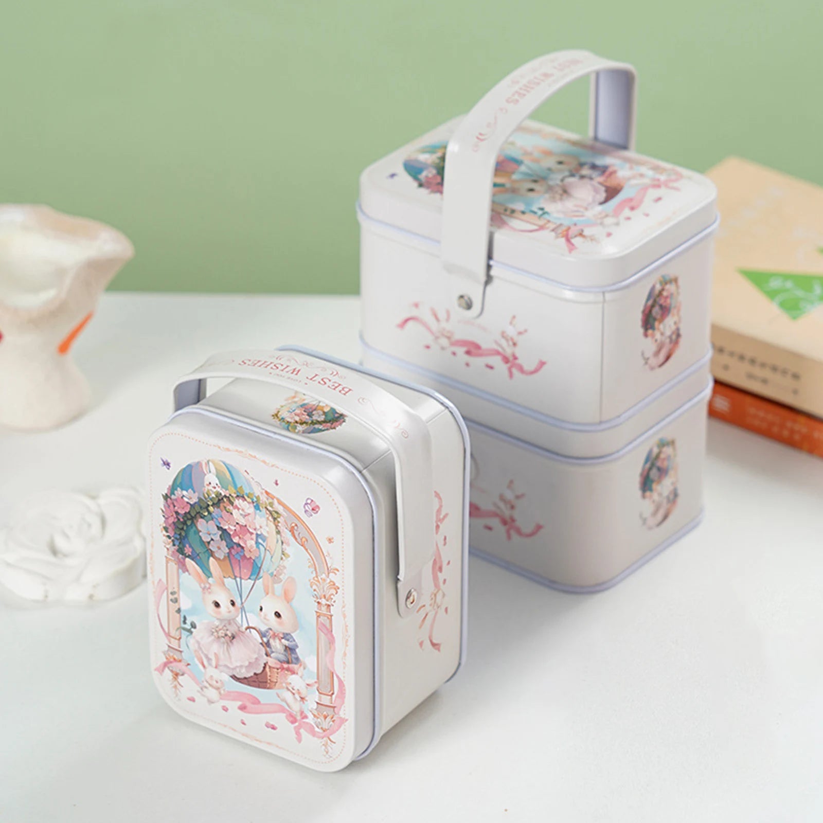 Cute Soft Fuzzy Bunny Keychain Tin Box Wishes Card Lucky Keychains