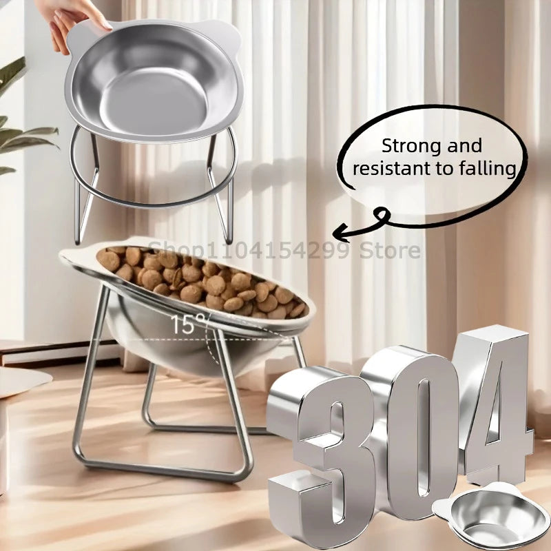 304 Stainless Steel Elevated Cat Bowl with Support Stands Stainless Steel Adjustable 15-Degree Angle Stand Slanted Pet Bowl Zpaxo