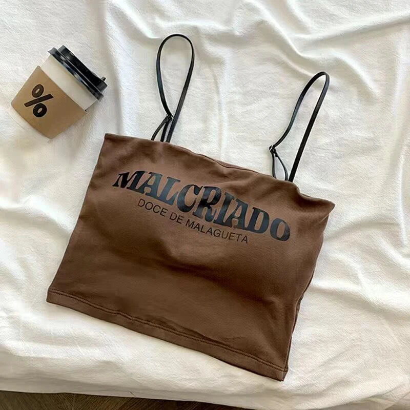 Sexy Crop Tops Women Summer Shirring Sleeveless Slim Camis Tops Bodycon With Chest Pad Letter Fashion Casual Soft Tops Female Zpaxo brown Uniform size