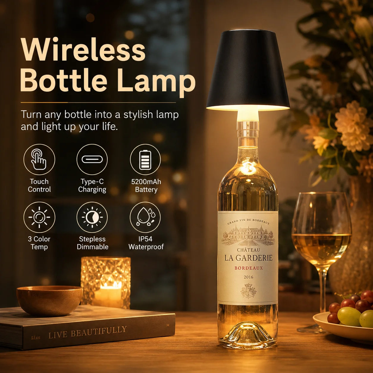Wireless LED Bottle Lamp Rechargeable RGB Dimmable Wine Bottle Light Portable for Bar Restaurant Camping Party Decor Night Light Zpaxo