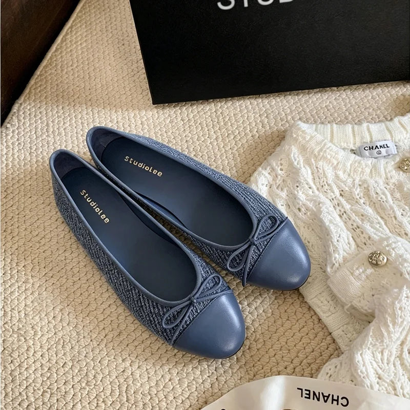 Women Tweed Ballet Flats Bow Decor Soft Flat Shoes Ladies Elegant Daily Commuter Walking Loafers Vintage Non Slip Dress Shoes Zpaxo
