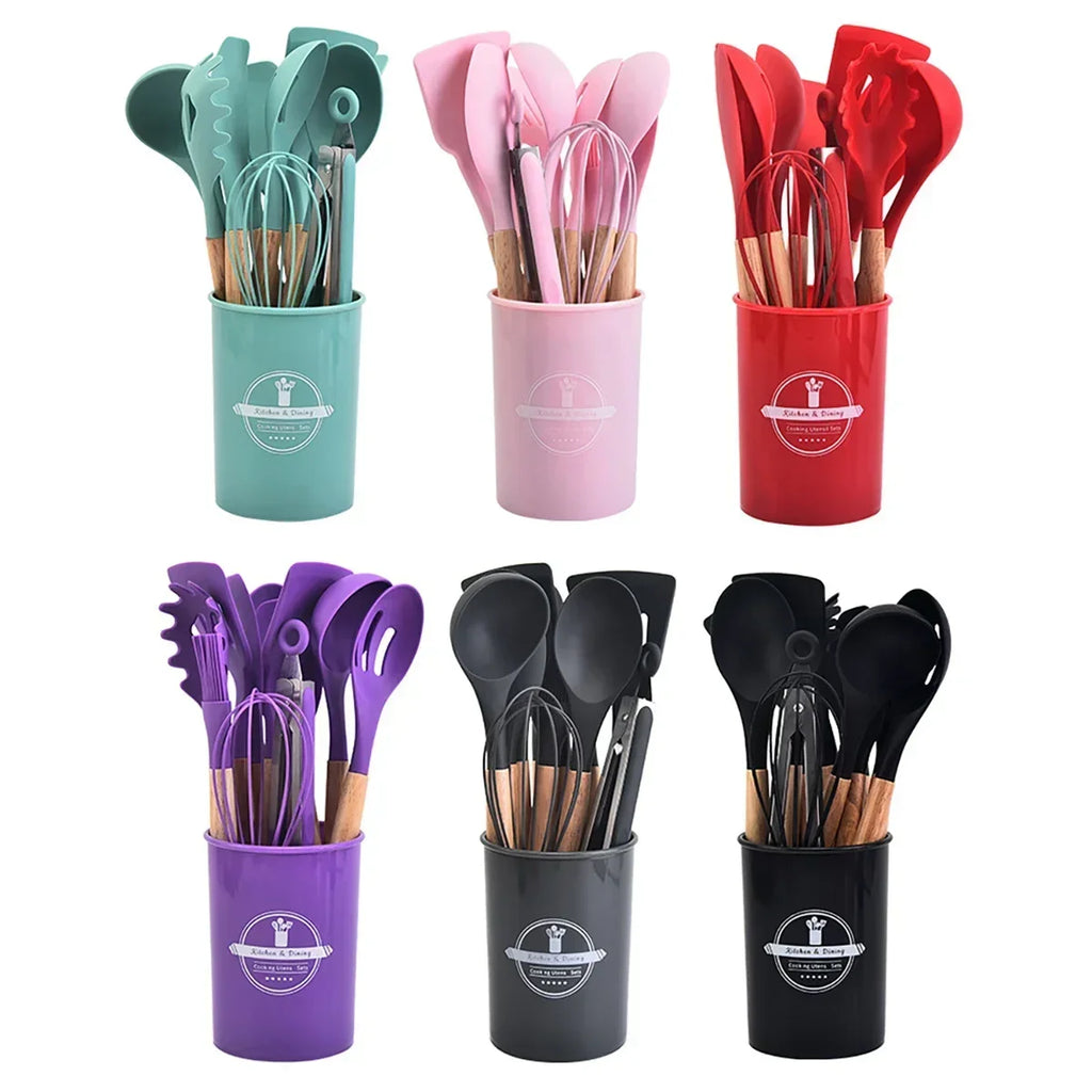 12Pcs/5pcs Silicone Kitchenware Non-Stick Cookware Kitchen Utensils Set Spatula Shovel Egg Beater Wooden Handle Cooking Tool Set Zpaxo