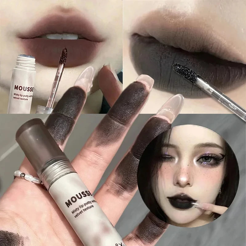 Gothic Black Matte Lipstick Waterproof Mousse Lip Mud Dark Brown Lipstick Nude Red Punk Silky Gloss Non-stick Lip Tint Makeup Zpaxo