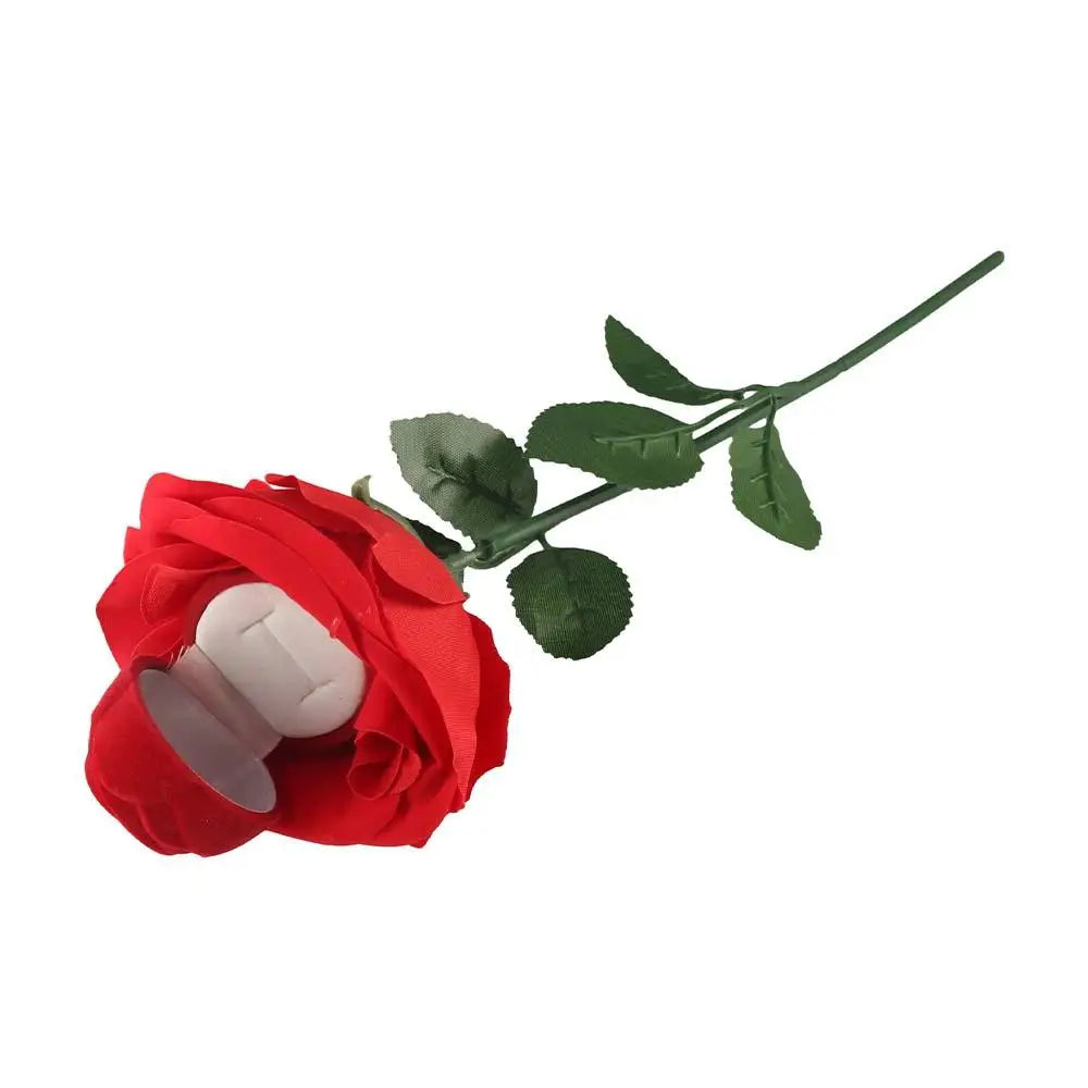 Red Flower Stem Ring Holder Velvet Jewelry Box Wedding Engagement
