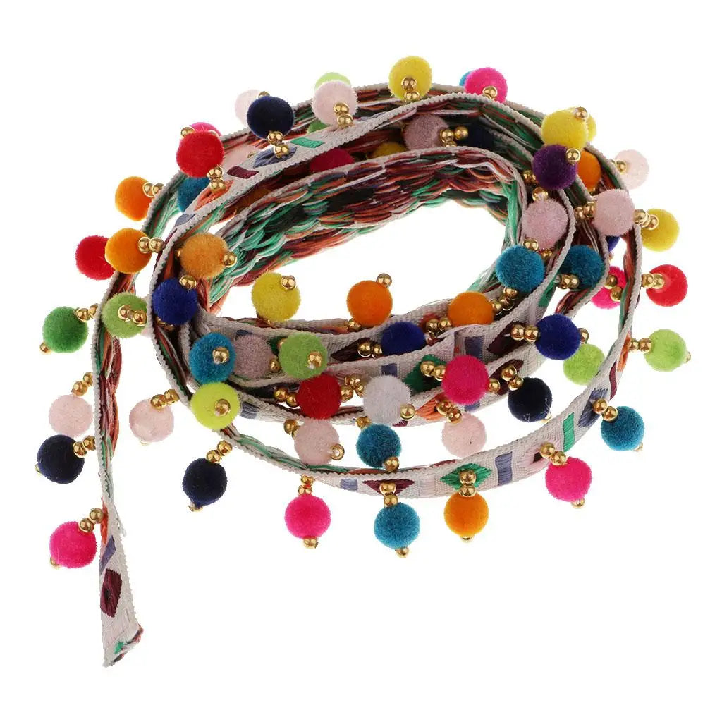1 Yard Rainbow Color Ethnic Tassel Ribbon Fringe Trim Pom Pom Bobble Lace Colored Trims Ribbon DIY Sewing Crafts Zpaxo