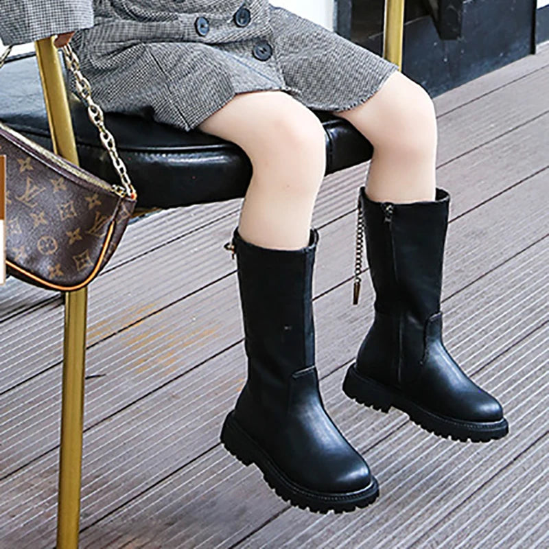 Winter Girl's Long Boots Black Pu Leather Platform Plush Trendy Zpaxo