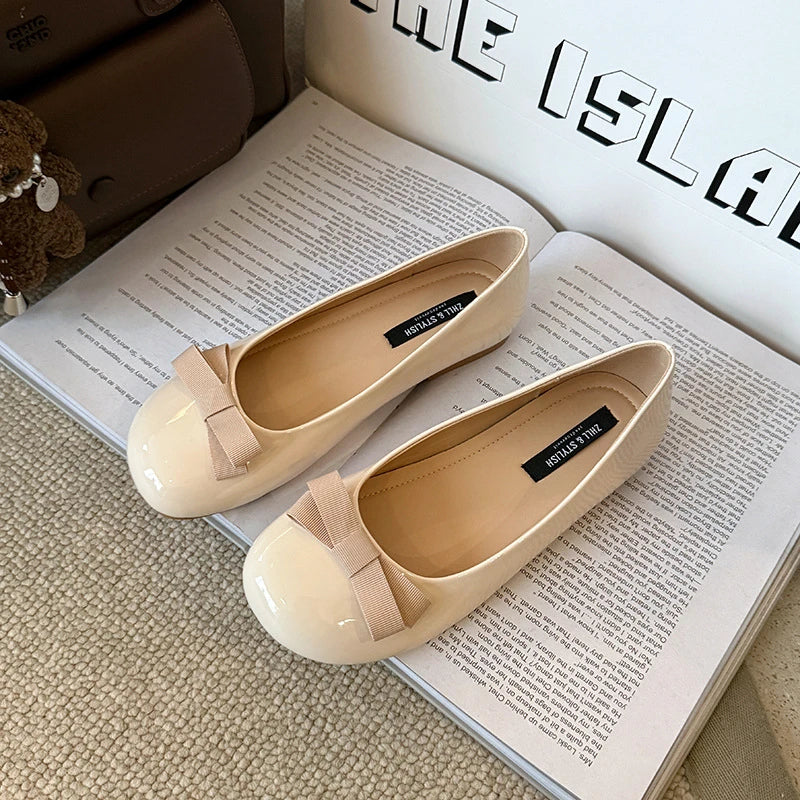Womens Black Patent Leather Round Toe Wedge Heel Ballet Flats Bow Zpaxo 708-1Apricot 35 China Mainland