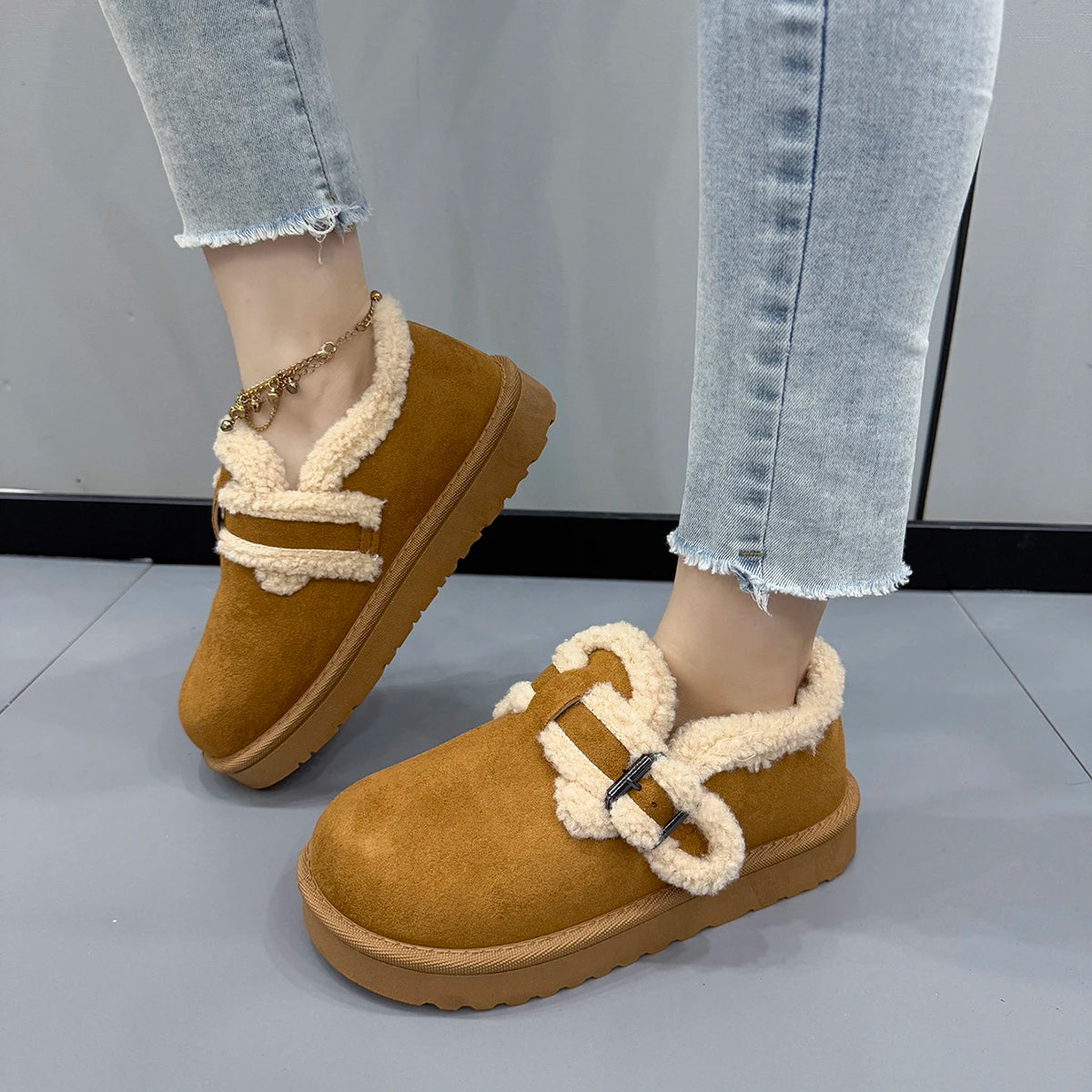 Women Boots Fashion Faux Fur Shoes for Women Winter Thick Bottom Non Slip Ankle Boots Warm Metal Belt Buckle Snow Boots Women Zpaxo maroon 37