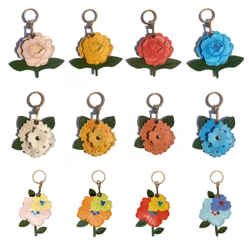 Entrance Guard Card Peony Flower Keychain Keyring Protective Case Peach Blossom Access Card Holder PU Leather Creative Zpaxo