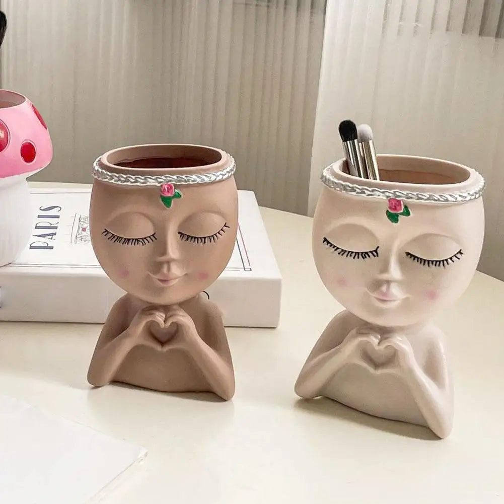Resin Girl Face Planter with Drainage – Cute Succulent Pot Decorative Face Planter Zpaxo AB