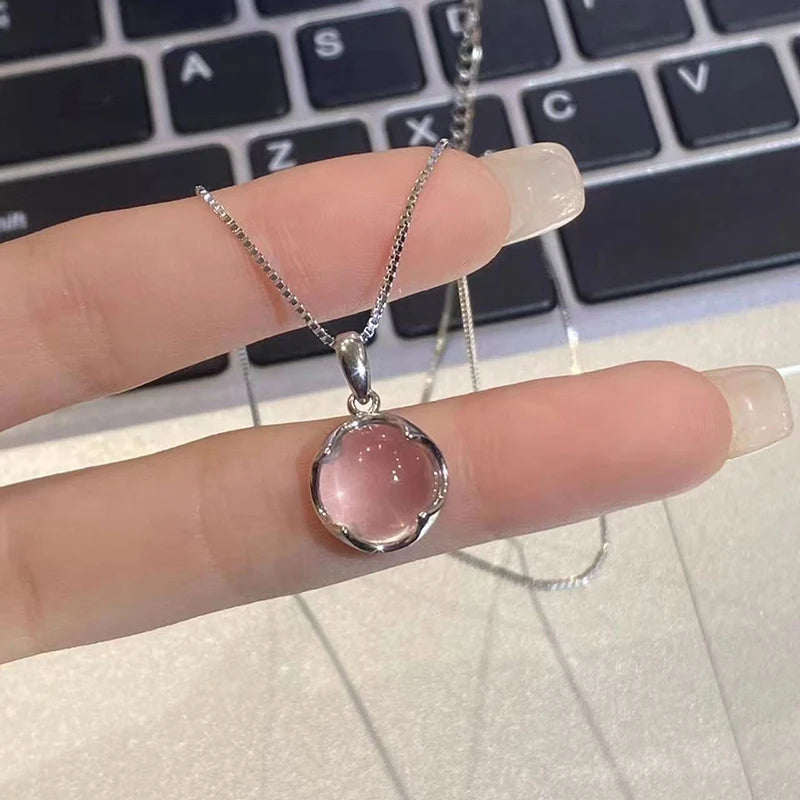 Pink White Chalcedony Round Pendant Necklace Elegant Gemstone Jewelry Zpaxo