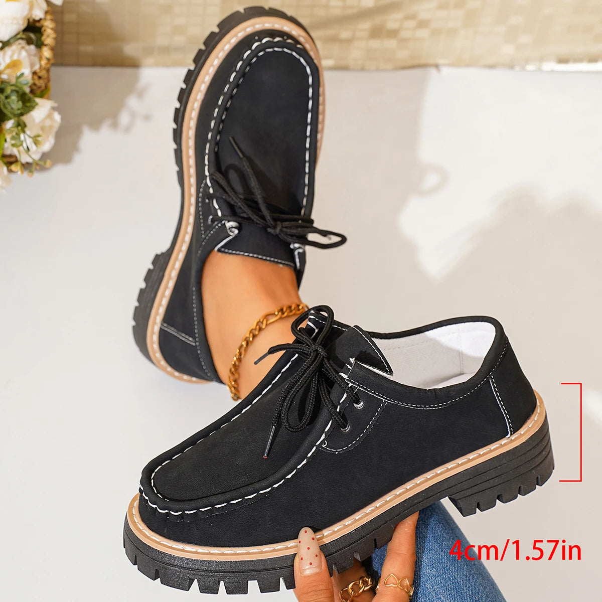 Women Loafers 2025 New Thick Heel Chunky Sole Flats Shoes Comfortable Sneakers Women Spring Autumn British Style Women Shoes Zpaxo black 36
