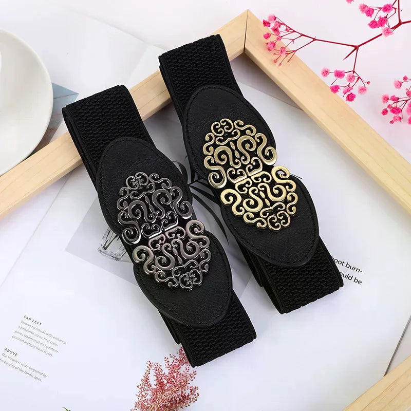 Korean Fashion Ladies Decorated Elastic Wide Belt Buckle Dress Zpaxo