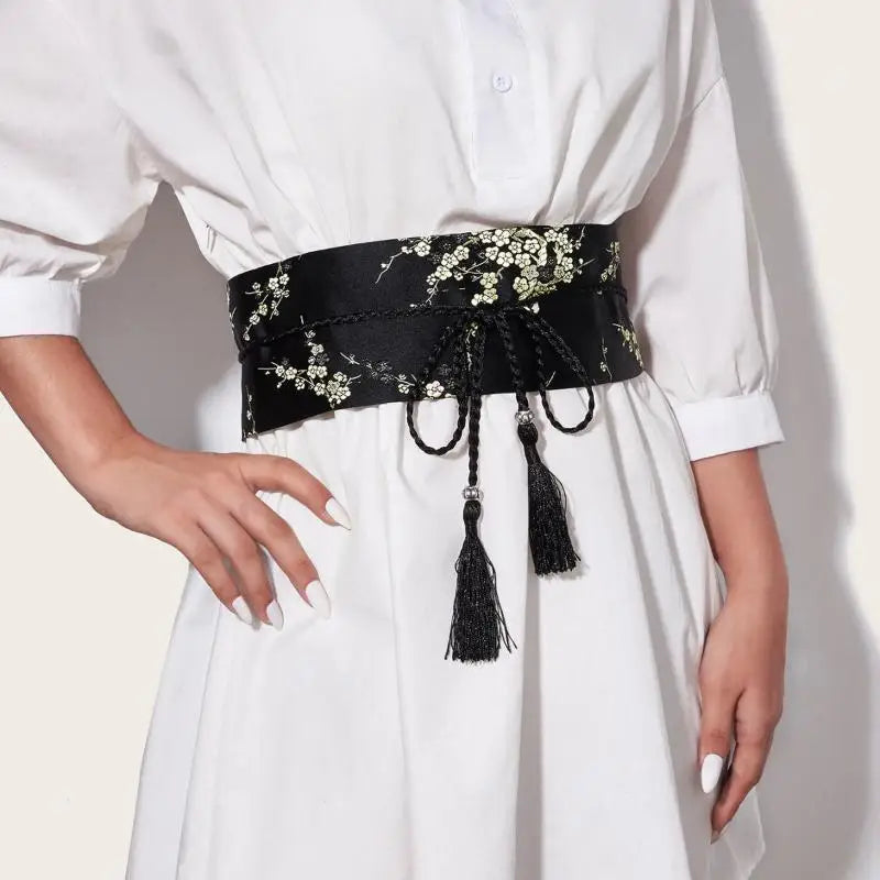 Vintage Floral Embroidered Wrap Belt – Bow Tie & Tassels