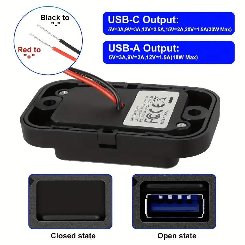 12V RV USB Charging Panel – 18W QC3.0 & 30W PD USB-C + LED