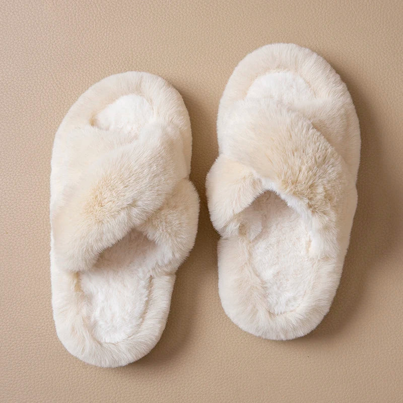 Cross Warm Fluffy Furry Slippers Women Lightweight Flat Heels Fur