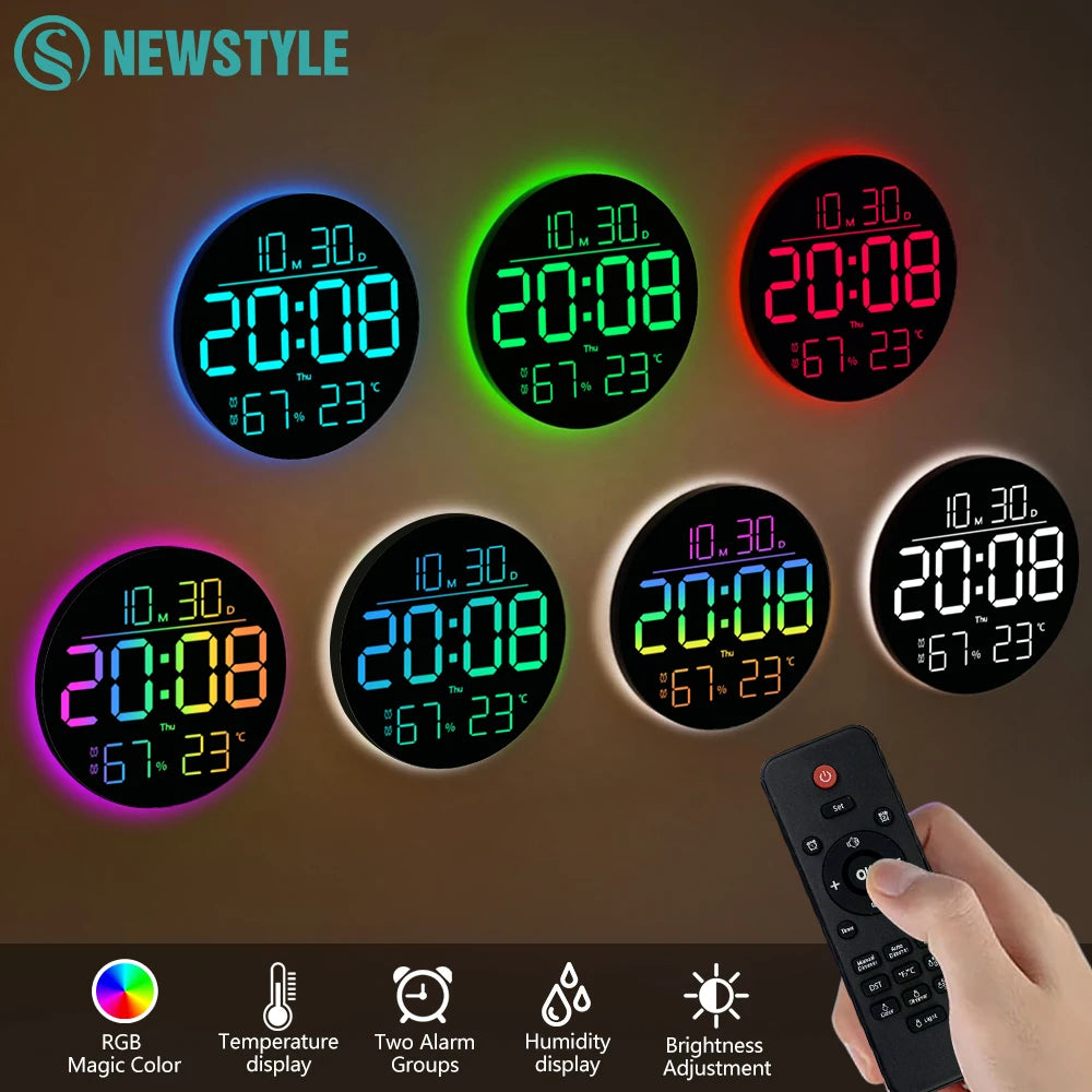 LED Multi-function RGB Wall Light Clock Date Temperature Display Auto Zpaxo