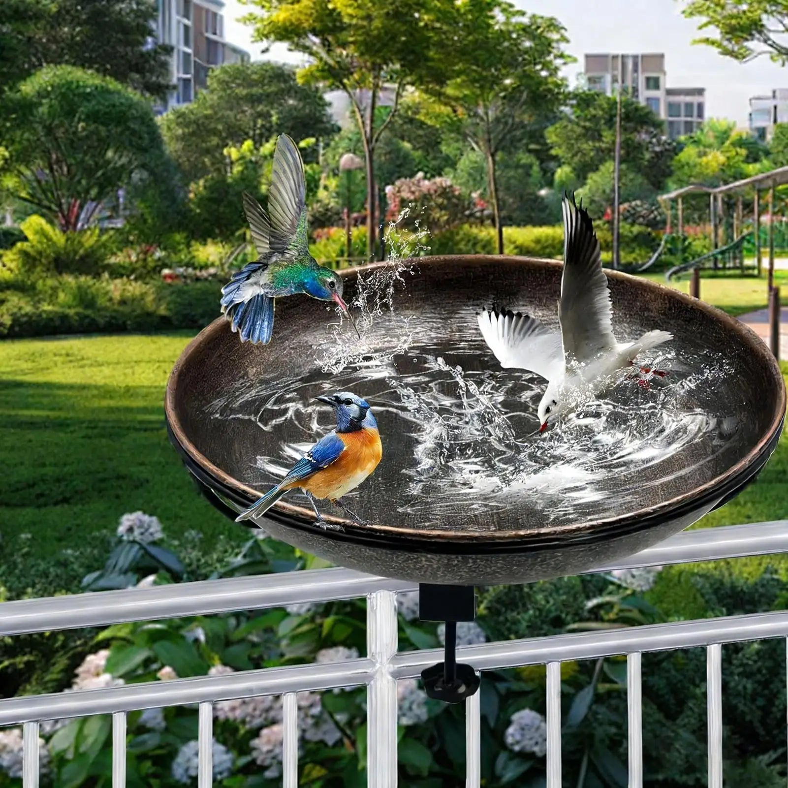 Bird Bath with Adjustable Clamp Retro Garden Decor Bird Bath Feeder for Railing for Outdoor Garden Patio Backyard Railing Fence Zpaxo