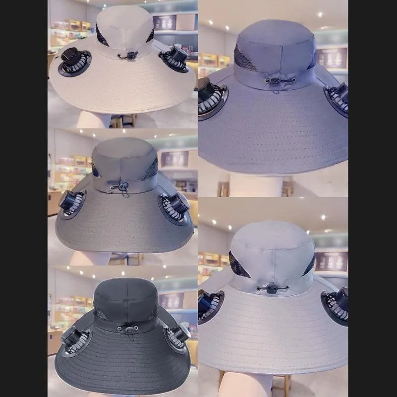 Outdoor Solar Fan Bucket Hat Travel Fishing Sunscreen Big Brim Sun Zpaxo