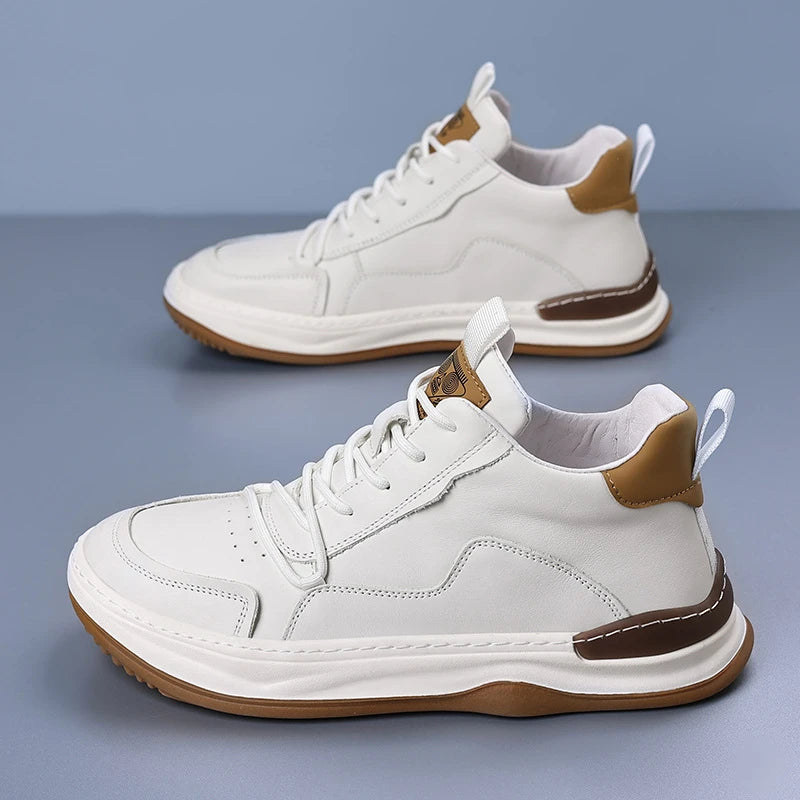 Mens Simple White Brown Leather Mid Sneakers Lace Up Casual Zpaxo