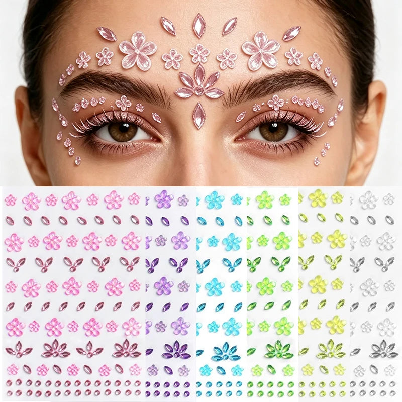 1/6 Sheet New Flower Face Sticker 3D Petal Rhinestone Eye & Face Tattoo Sticker Self Adhesive Crystal Jewel Diamond Stickers Zpaxo