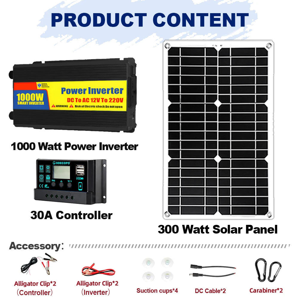 1000W complete solar off-grid system - solar panels, 1000W inverter and 30A controller for home RV and camping DC 12V To 220v Zpaxo