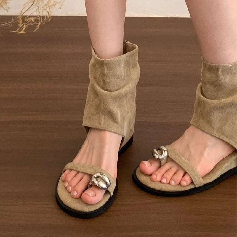 Women's Square Toe Loop Vintage Comfortable Wedge Heel Sandals Summer Zpaxo Brown 40