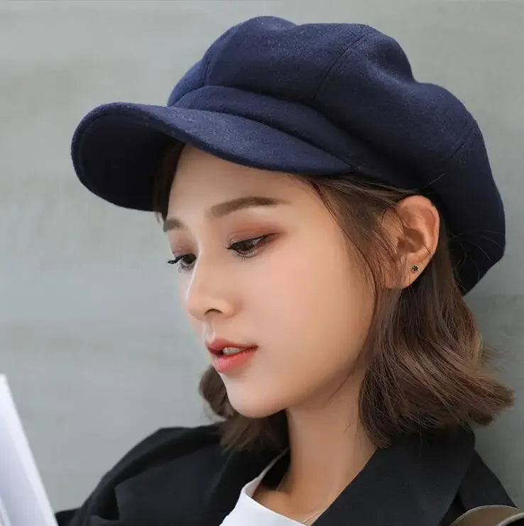 Autumn Winter Hats Women Solid Plain Octagonal Newsboy Cap Men Ladies Zpaxo navy blue