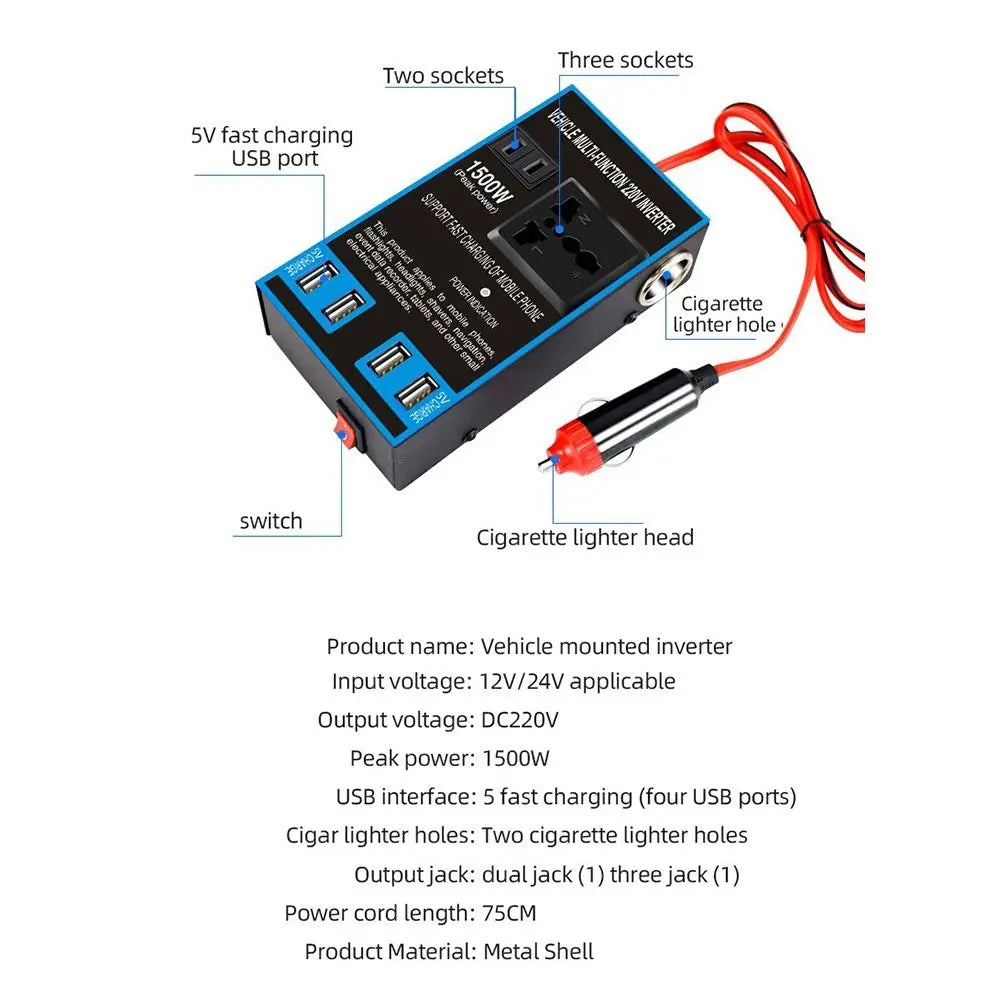 Power Portable Car Inverter DC 12V 24V AC 110V 220V 1500W Universal Zpaxo