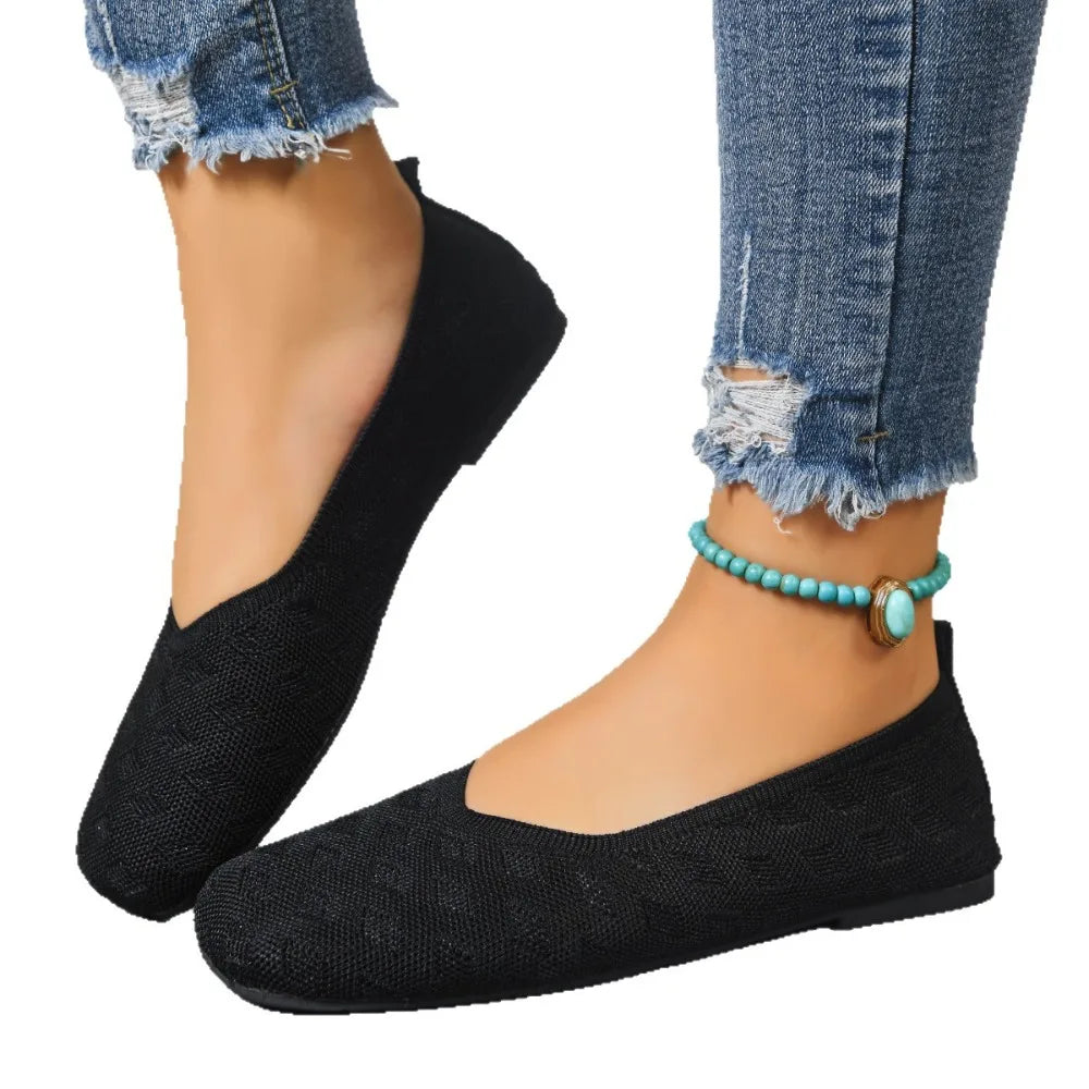 2026 Spring Autumn Square Toe Flat Office Boat Solid Knitted Slip