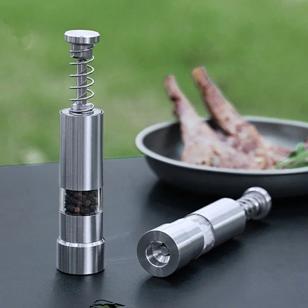 Single Hand Mini Salt Pepper Grinder Manual Thumb Push Pepper Spices Grinder Transparent Built-in Spring for Home Camping BBQ Zpaxo