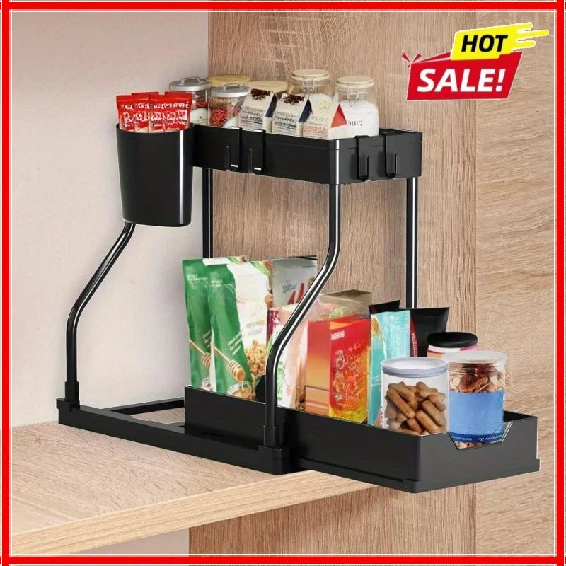 2-Tier Under Sink Organizer – Sliding Cabinet Basket & Hooks Cabinet Organizer Zpaxo