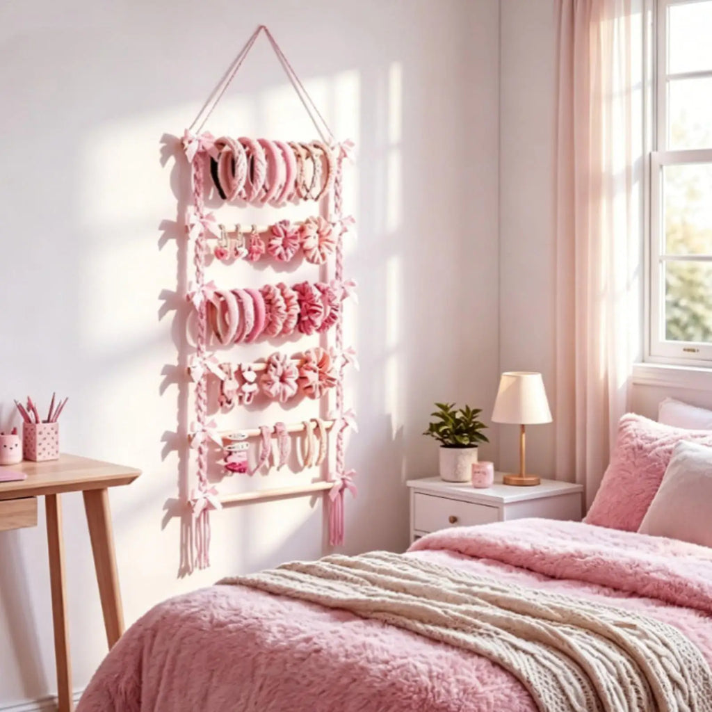 Macrame Hair Accessory Storage Hanging Clip Organizer Pink Bow Holder
