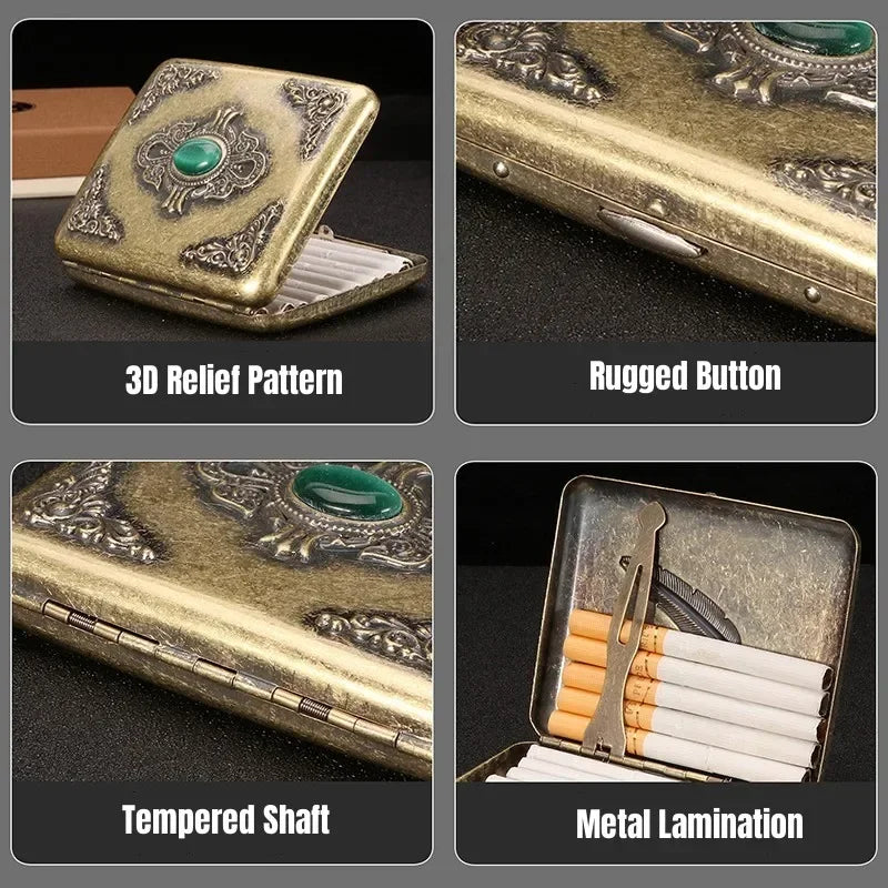 Vintage Relief jade Capacity 20pcs Cigarette Storage Case Pocket Metal Cigarettes Holder Vintage Relief Feather Men's Gifts Boxs Zpaxo