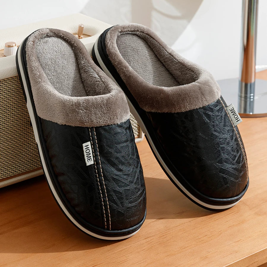 Mens Winter Slippers PU Leather Waterproof Indoor House Shoes Big