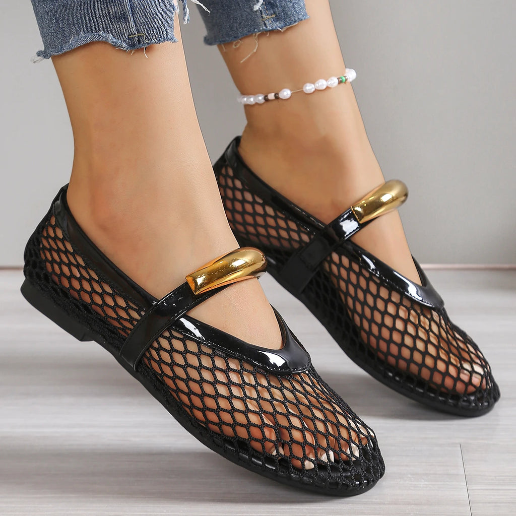 2025 Summer Women's Fashion Metal Decor Belt Flat Soft Soled Shoes Zpaxo black 38