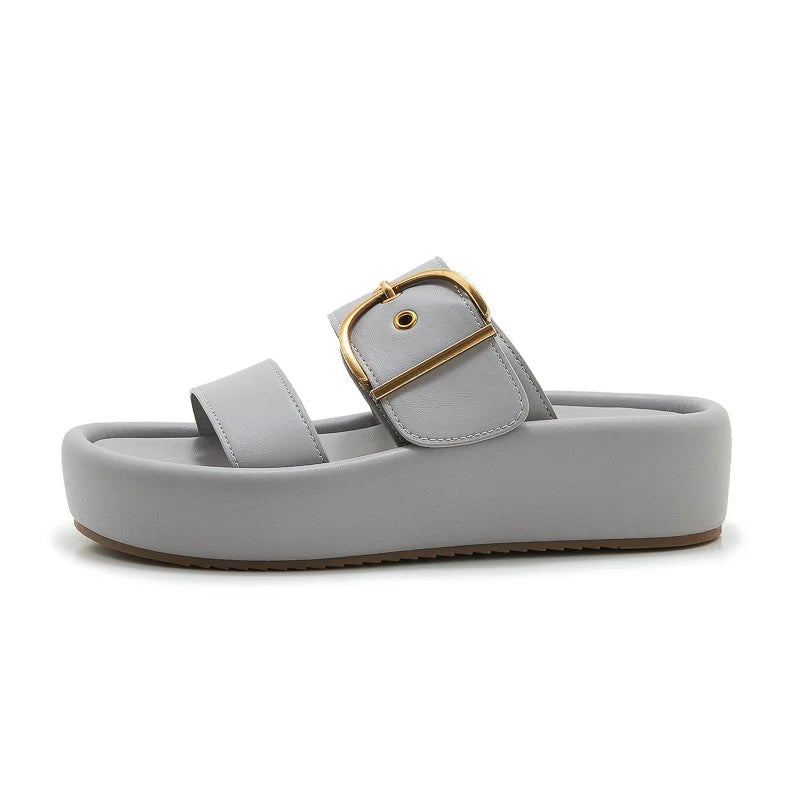 Womens Chic Platform Slide Sandals Luxe Gold Buckle Detail Double Zpaxo SH6150-1 Grey 35 China Mainland
