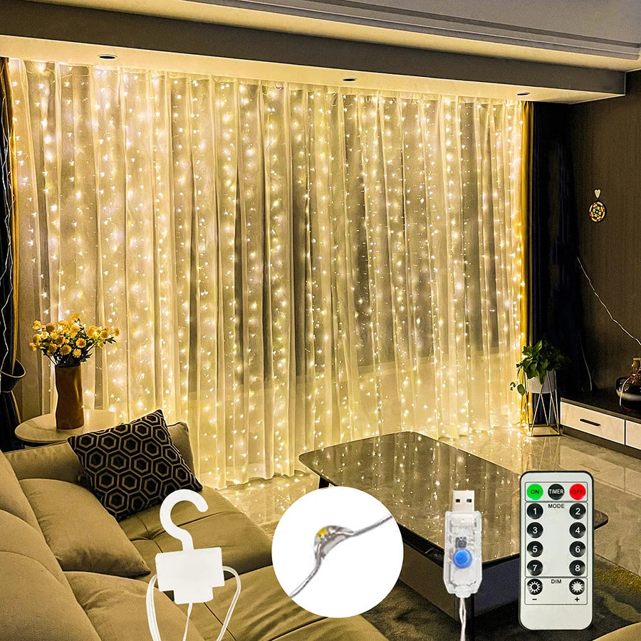 300 LED Curtain Garland on The Window USB String Lights Fairy Festoon Remote Control Christmas Wedding Decorations for Home Room Zpaxo 300LED Warm 3M